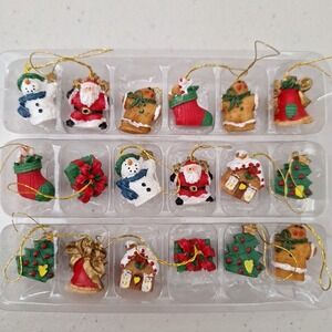Vintage Mini Christmas Tree Ornaments, Santa Claus Snowman, 18 Piece Set, 1 in